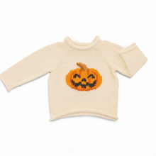 Load image into Gallery viewer, Spring Lake Kids cream 100% cotton knit sweater featuring a festive orange jack-o-lantern pumpkin design