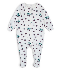 Load image into Gallery viewer, Spring Lake Kids white footed sleeper with a blackberry print, two-way zipper, and soft organic cotton blend fabric.