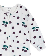 Load image into Gallery viewer, Spring Lake Kids white footie sleeper with a blackberry print, made from soft organic cotton and modal jersey blend.